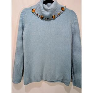 R. leezio Angora Blend Turtleneck Sweater Blue Metallic Knit Gem Detail Size S